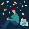 Drug addicted girl sitting on huge pill flat vector illustration. man having depression, taking hormonal pills