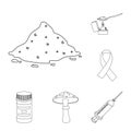 Drug addiction and attributes outline icons in set collection for design. Addict and Drug vector symbol stock web