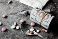 drug addiction concept with cash, heroine packet and syringe on table Royalty Free Stock Photo