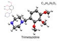 Chemical formula, skeletal formula, and 3D ball-and-stick model of trimetazidine