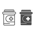 Drug bottle line and glyph icon. Pharmaceutical jar vector illustration isolated on white. Medication outline style Royalty Free Stock Photo