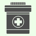 Drug bottle solid icon. Bottle with cross for pills or vitamins glyph style pictogram on white background. Chemistry and