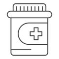 Drug bottle thin line icon. Pharmaceutical jar vector illustration isolated on white. Medication outline style design Royalty Free Stock Photo