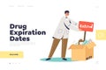 Drug expiration dates landing page with medical doctor and box of expired medicines Royalty Free Stock Photo