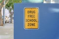 Drug free school zone on a yellow signage at San Francisco, California Royalty Free Stock Photo