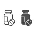 Drug jar and tablets line and solid icon, Medical concept, medication sign on white background, Medicine bottle and Royalty Free Stock Photo