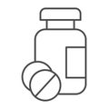 Drug jar and tablets thin line icon, Medical concept, medication sign on white background, Medicine bottle and pills Royalty Free Stock Photo