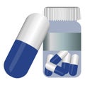 Drug, medical medication. Things for human health. The icon of the bottle with colored capsules