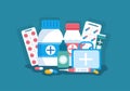 Drug Store Template Hand Drawn Cartoon Flat Illustration Shop for the Sale of Drugs, a Pharmacist, Medicine, Capsules and Bottle