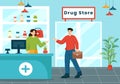 Drug Store Vector Illustration with Shop for the Sale of Drugs, a Pharmacist, Medicine, Capsules and Bottle in Healthcare