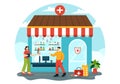 Drug Store Vector Illustration with Shop for the Sale of Drugs, a Pharmacist, Medicine, Capsules and Bottle in Healthcare