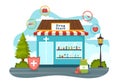 Drug Store Vector Illustration with Shop for the Sale of Drugs, a Pharmacist, Medicine, Capsules and Bottle in Healthcare