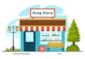 Drug Store Vector Illustration with Shop for the Sale of Drugs, a Pharmacist, Medicine, Capsules and Bottle in Healthcare