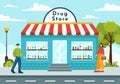 Drug Store Vector Illustration with Shop for the Sale of Drugs, a Pharmacist, Medicine, Capsules and Bottle in Healthcare