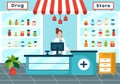 Drug Store Vector Illustration with Shop for the Sale of Drugs, a Pharmacist, Medicine, Capsules and Bottle in Healthcare