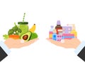 Drug tablet and healthy vegetable nutrition choice, vector illustration. Vitamin in cure pill and natural fresh green