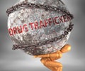 Drug trafficker and hardship in life - pictured by word Drug trafficker as a heavy weight on shoulders to symbolize Drug Royalty Free Stock Photo