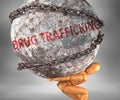 Drug trafficking and hardship in life - pictured by word Drug trafficking as a heavy weight on shoulders to symbolize Drug