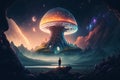 Drug trip, hallucinations, dreams, psilocybin, psychedelic concept. Silhouette of man against background of large mushroom in