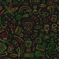 Drugs addiction. Say no to drugs. Rasta collection with skull, marijuana, drum, pills, music symbols. Seamless pattern