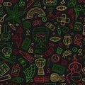 Drugs addiction. Say no to drugs. Rasta collection with skull, marijuana, drum, pills, music symbols. Seamless pattern