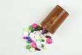 Drugs, antibiotics, antipyretics, tablets, capsules, medicines on white background.