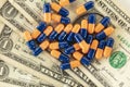Drugs on banknotes, medicine price concept