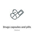 Drugs capsules and pills outline vector icon. Thin line black drugs capsules and pills icon, flat vector simple element Royalty Free Stock Photo