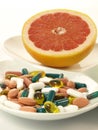 Drugs and fruits, closeup, Royalty Free Stock Photo