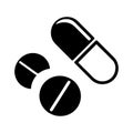 Drugs, medicine, pill icon. Black vector design