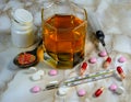 Drugs, pharmacy pills, syringe, thermometer Royalty Free Stock Photo