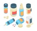 Drugs pills isometric. Pharmaceutical healthcare 3d items emergency doctor tools for clinic medication use vector