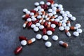 Drugs, pills , medicine on grey background. Royalty Free Stock Photo