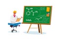 Drugs Production, Health Care and Medicine Industry. Pharmacist Sitting at Chalkboard with Medication Chemical Formula