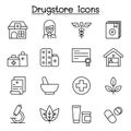 Drugstore, apothecary icons set in thin line style Royalty Free Stock Photo