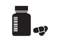 Drugstore. Medicine bottle and pills. Medicament. Black and white capsules. Vector