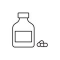 Drugstore. Medicine bottle and pills. Medicament. Black and white icon