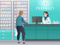 Drugstore. Pharmacy with pharmacist, customer with prescription buys medicine in medical shop. Pharmaceutical retail