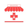 Drugstore, Pharmacy Single Flat Icon. Striped Awning and Signboard