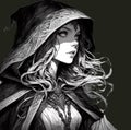 Druid Girl, Black and white, Hooded girl, Fantasy Witch, Mythical world, RPG