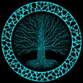 Druidic Yggdrasil tree at night, round silhouette, black and blue logo. Gothic ancient book style, organic or stone wall