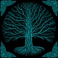 Druidic Yggdrasil tree at night, round silhouette, black and blue logo. Gothic ancient book style