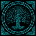 Druidic Yggdrasil tree at night, round silhouette, black and blue logo. Gothic ancient book style