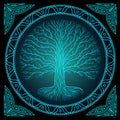 Druidic Yggdrasil tree at night, round silhouette, black and blue logo. Gothic ancient book style