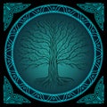 Druidic Yggdrasil tree at night, round silhouette, black and blue logo. Gothic ancient book style