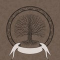 Druidic Yggdrasil tree at night, round silhouette, cream and brown grunge logo. Gothic ancient book style, vector image.