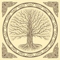 Druidic Yggdrasil tree, round, brown logo. Gothic ancient book style