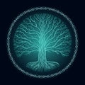 Druidic Yggdrasil tree, round dark gothic logo. ancient book style