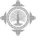 Druidic Yggdrasil tree, round gothic logo. ancient book style