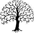 Druidic Yggdrasil tree, round gothic logo. Halloween style vector silhouette